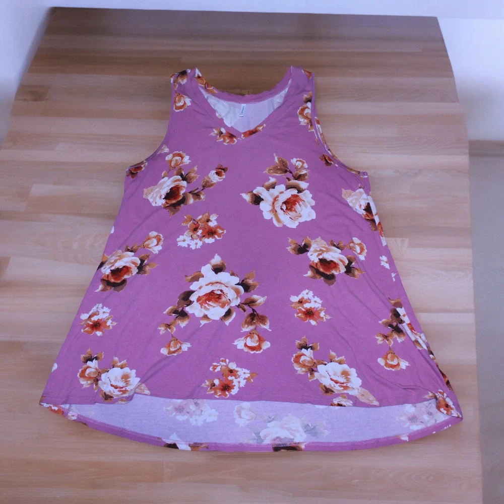 Popyoung Womens Pink Floral Sleeveless Tunic High Low Tank Top 2XL